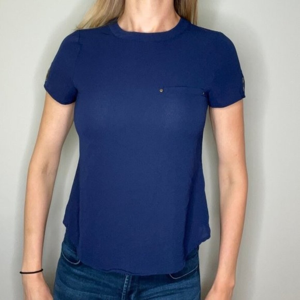 Mine Women's Navy Casual Blouse Small Gold Grommet Sleeve Top Blouse